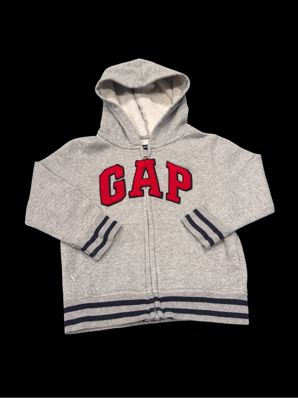 Baby GAP Gray Hooded Zip Sweatshirt with Red Logo and Navy Stripes